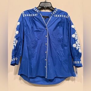 Calessa Women’s Cobalt Blue Embroidered V-Neck 3/4 Sleeve Button Front Shirt